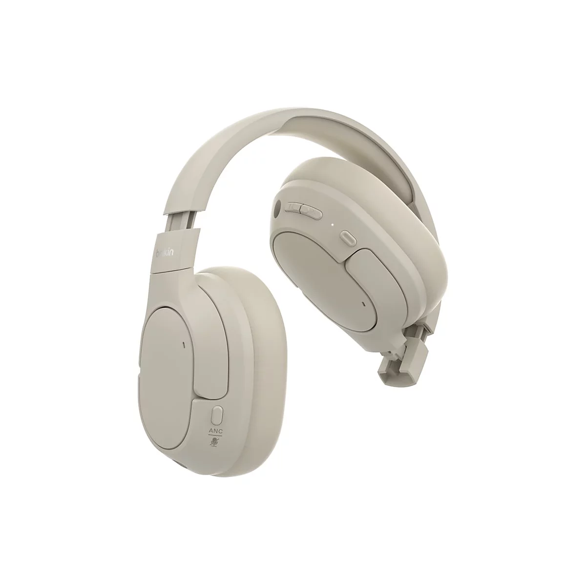 Casque beige flottant sur fond blanc. Oreillettes, arceau et commandes, dont le bouton ANC, sont visibles.