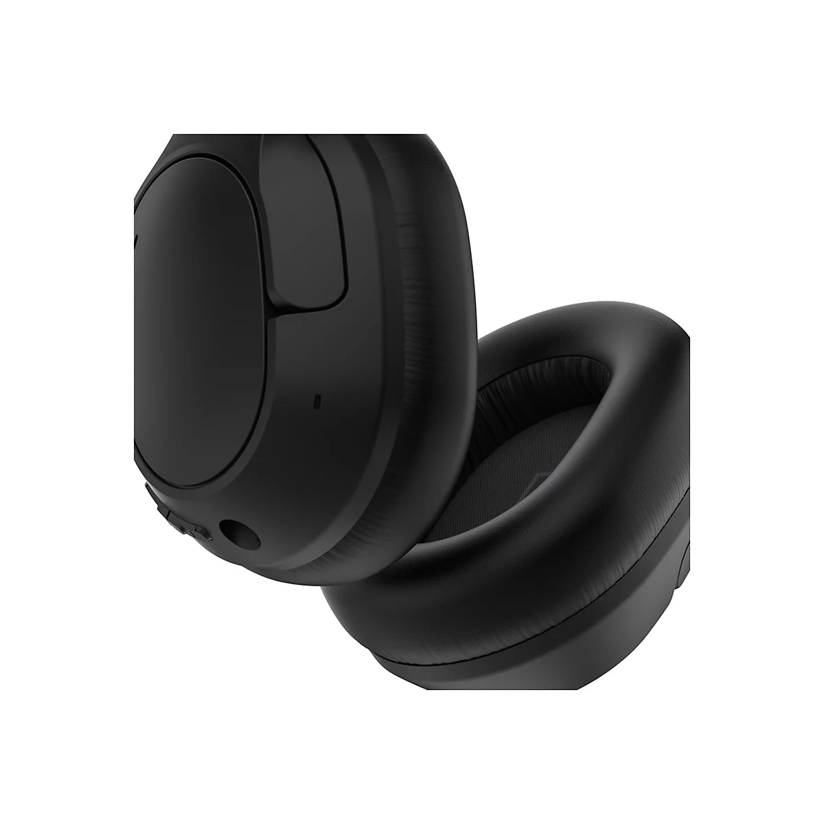 Gros plan d'un casque noir. Les coussinets sont en cuir et le design est moderne.