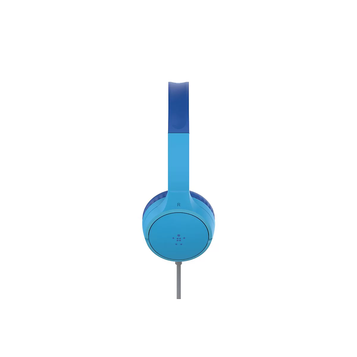 Casque bleu clair avec bandeau bleu, câble gris, sur fond blanc.