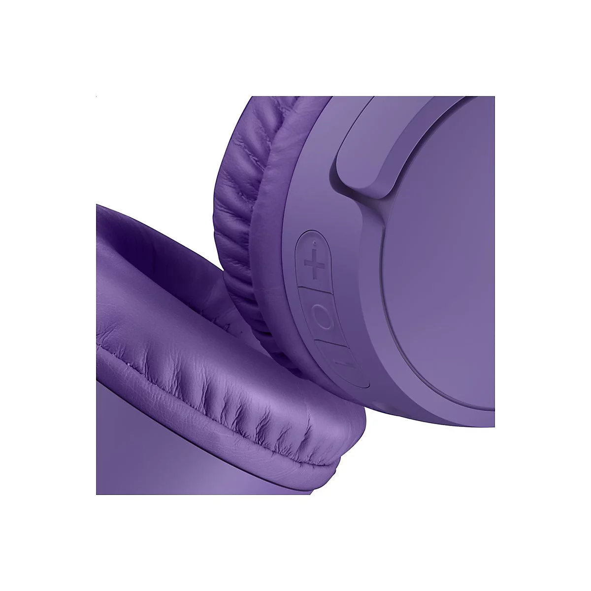 Gros plan d'un casque violet. Boutons avec des signes plus et moins.
