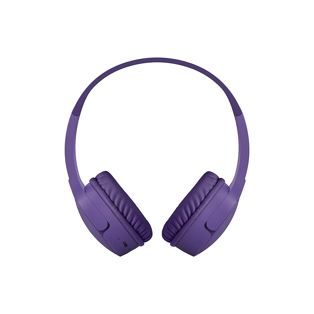 Casque sans fil violet, de face sur fond blanc. Les oreillettes sont rembourrées.