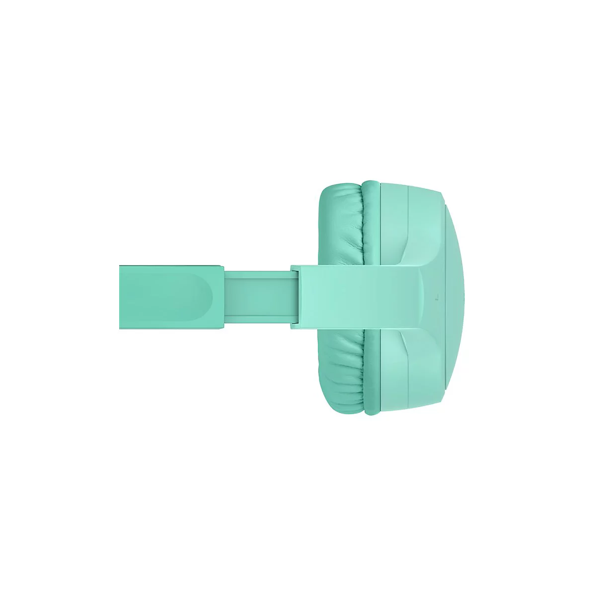 Vue de dessus d'un casque vert clair. Le coussinet d'oreille rembourré et le serre-tête réglable sont visibles.