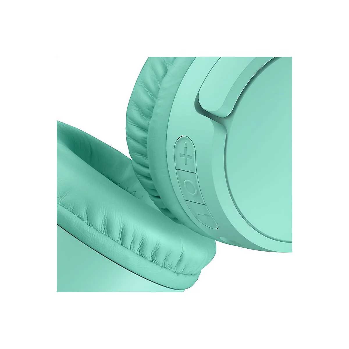 Gros plan sur un casque de couleur menthe. Les coussinets d'oreille souples sont détaillés. Commandes sur le côté.