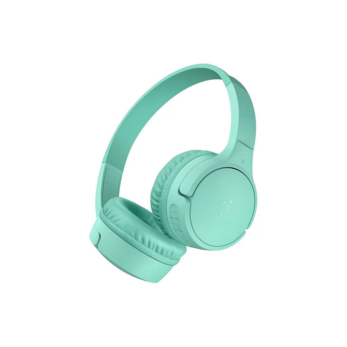 Casque audio vert clair, photographié en diagonale de face, sur fond blanc.