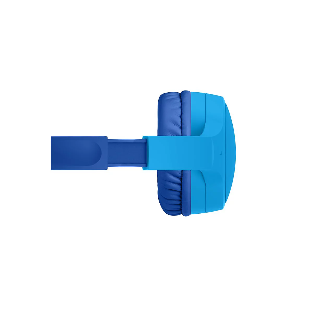 Gros plan d'un casque bleu clair. Écouteurs bleus et serre-tête réglable, sur fond blanc.