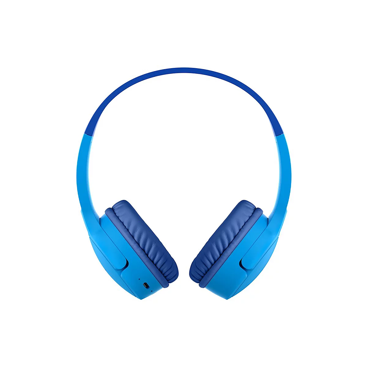 Casque bleu clair avec oreillettes bleu foncé sur fond blanc. L'arceau est en deux tons de bleu.