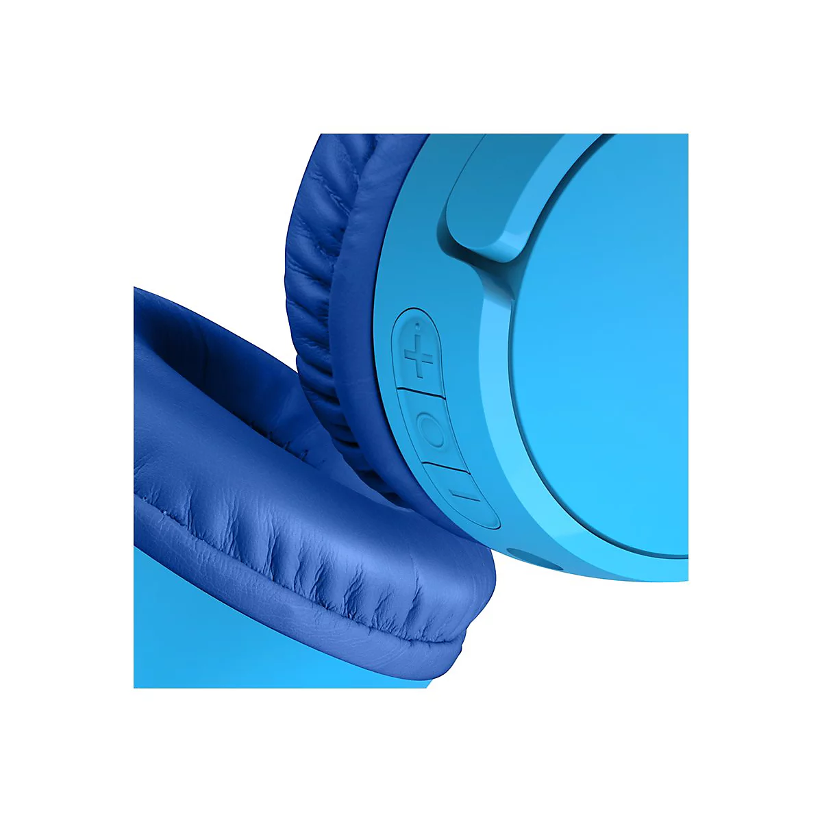 Gros plan d'un casque bleu, avec des boutons de commande et des oreillettes rembourrées. Design lumineux et minimaliste.