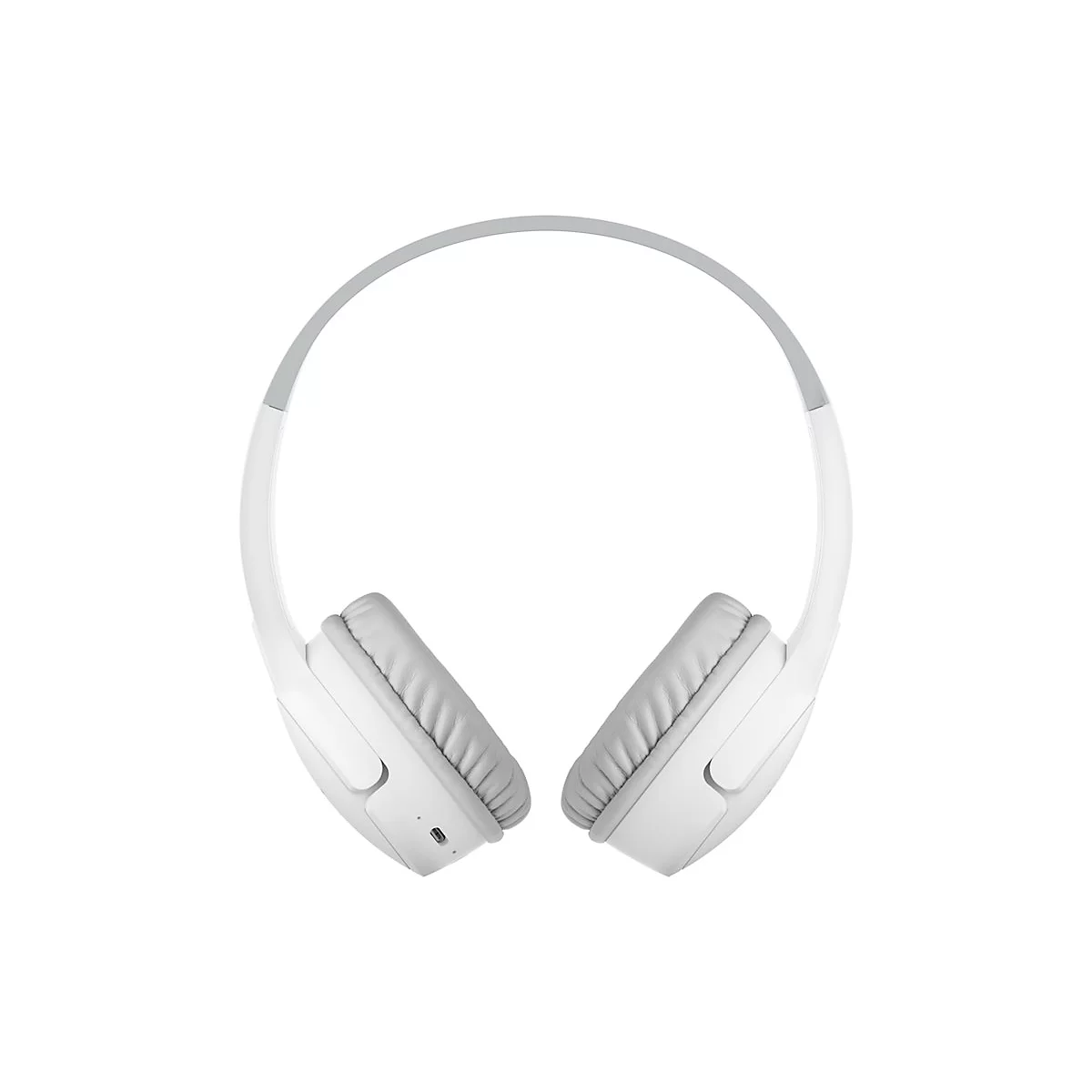 Casque blanc avec bandeau et écouteurs gris. Sur fond blanc.