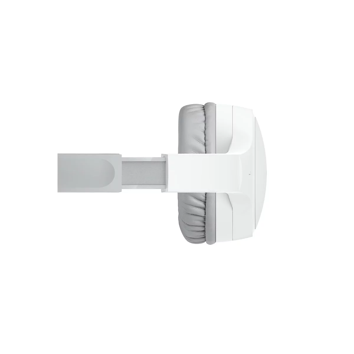 Vue de dessus d'un casque blanc avec des coussinets gris. L'arceau est partiellement étendu.