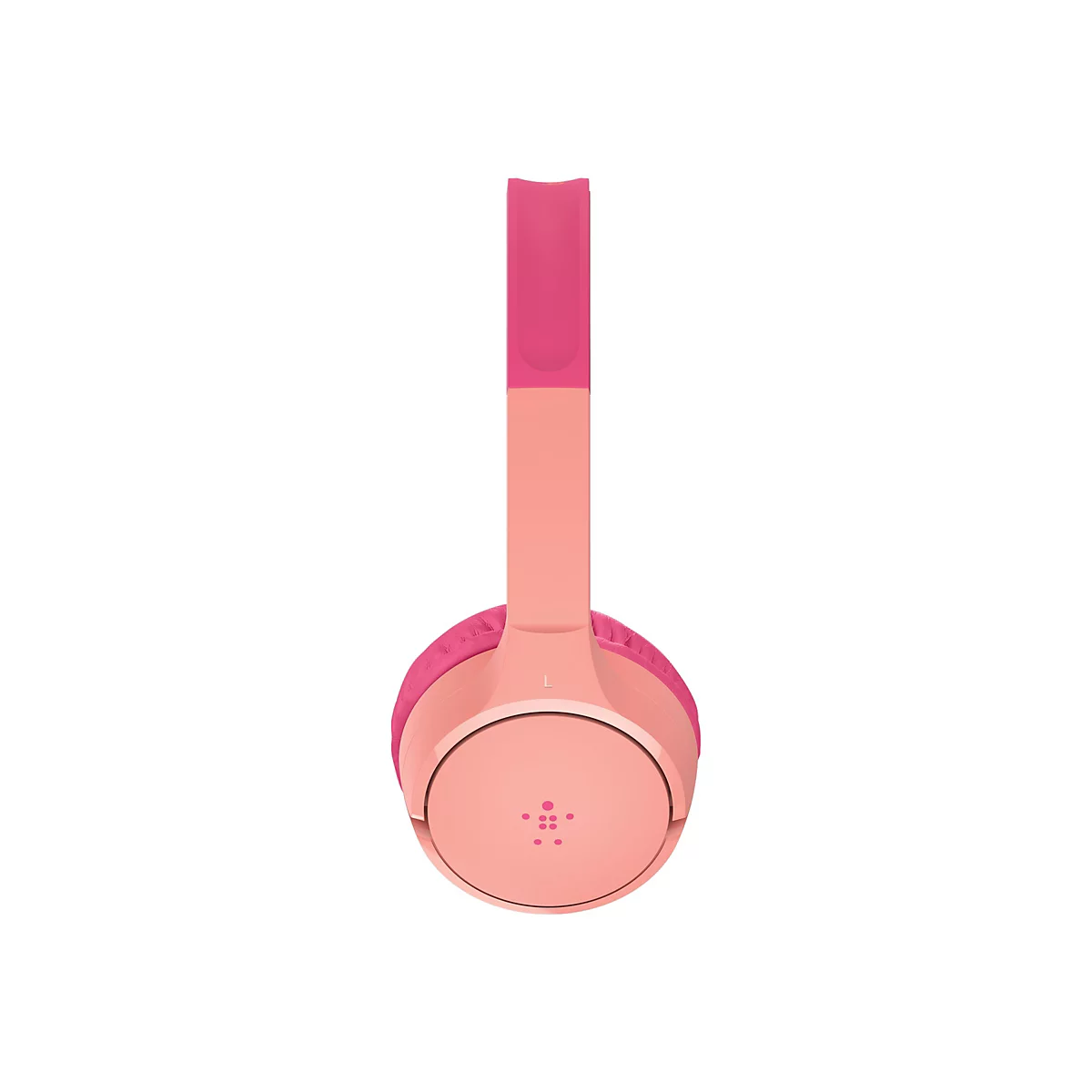 Casque rose clair avec serre-tête et oreillettes roses sur fond blanc.
