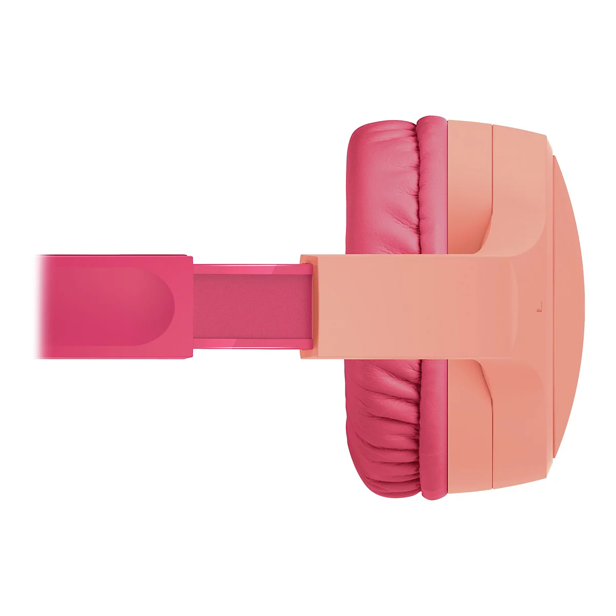 Gros plan d'un casque rose. Les coussinets sont roses, le bandeau est orange clair, la partie réglable est également rose.