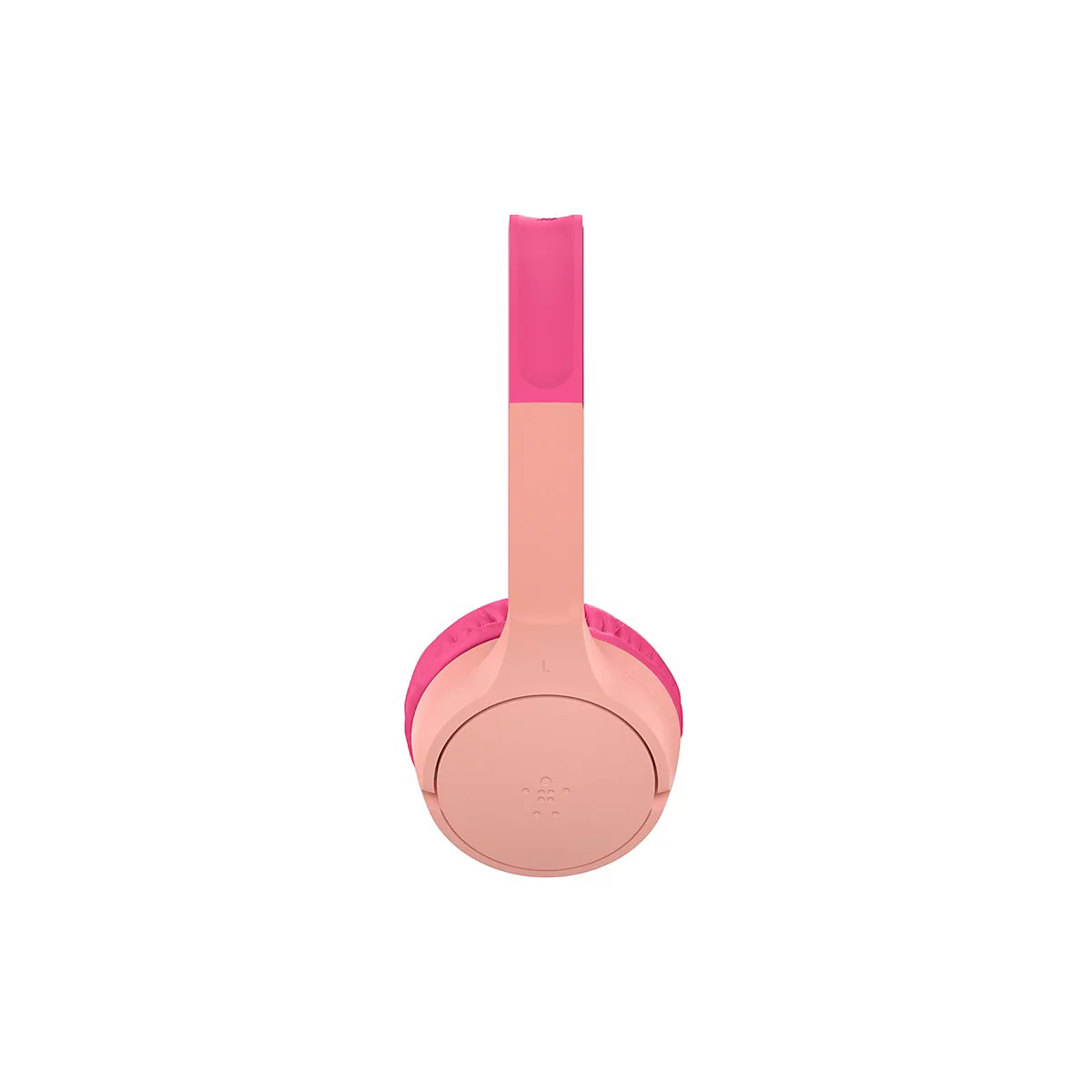 Casque rose clair, présenté en perspective. L'arceau et les oreillettes sont rose clair, la connexion de l'arceau est rose foncé.