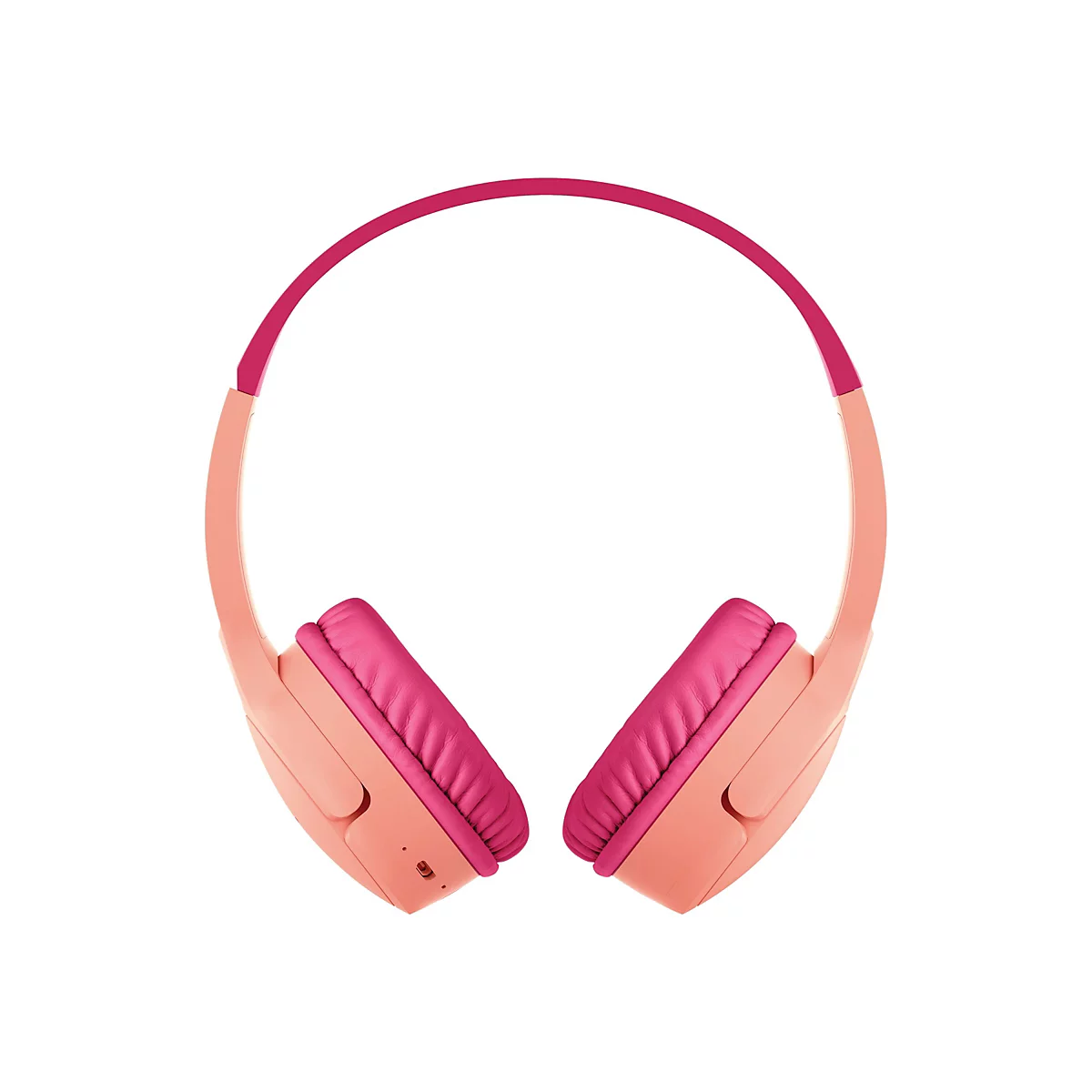 Hellrosa Kopfhörer mit pinkfarbenen Ohrmuscheln. Der Bügel verläuft oben in Pink.