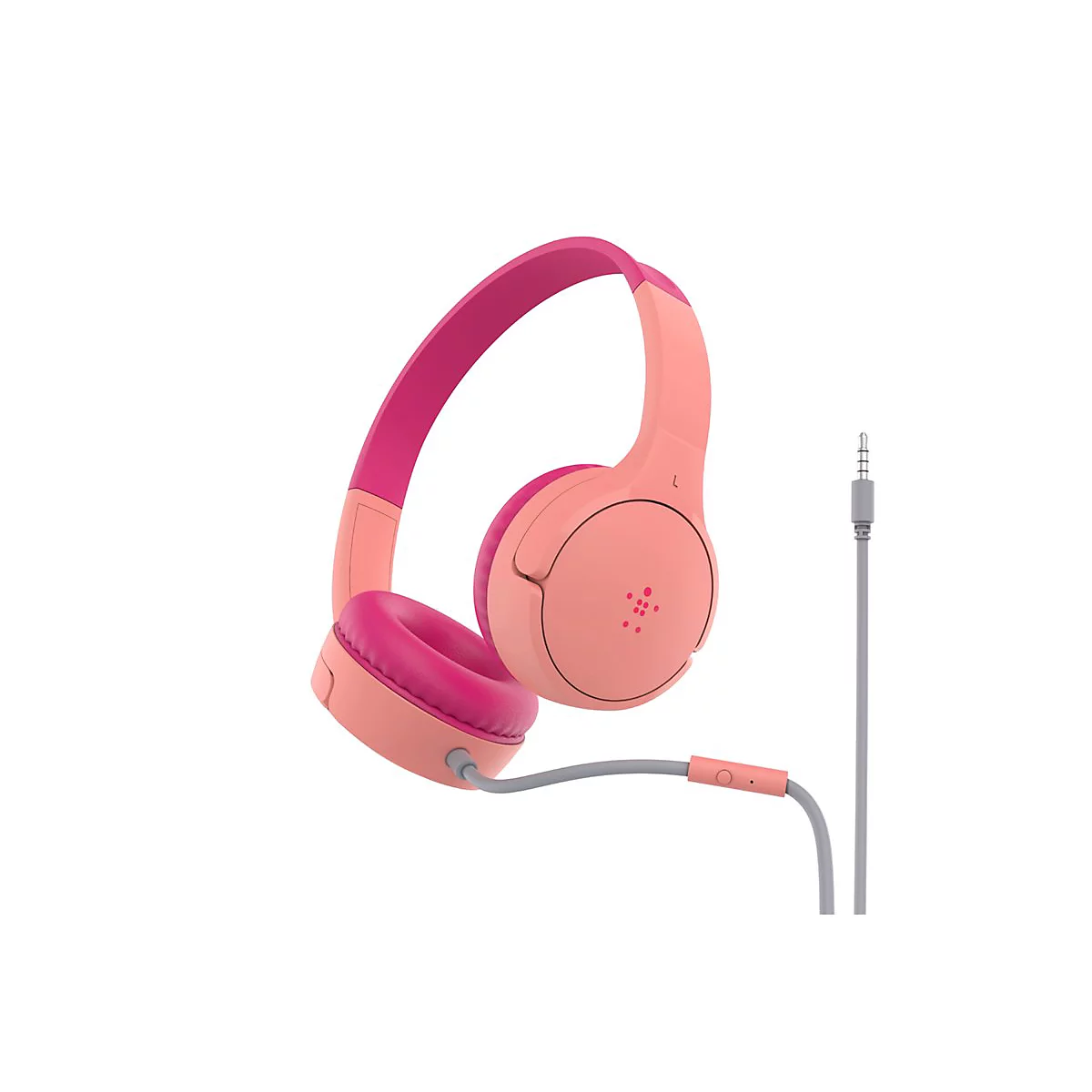 Hellrosa Kopfhörer mit pinken Details, graues Kabel und Stecker, auf weißem Hintergrund.