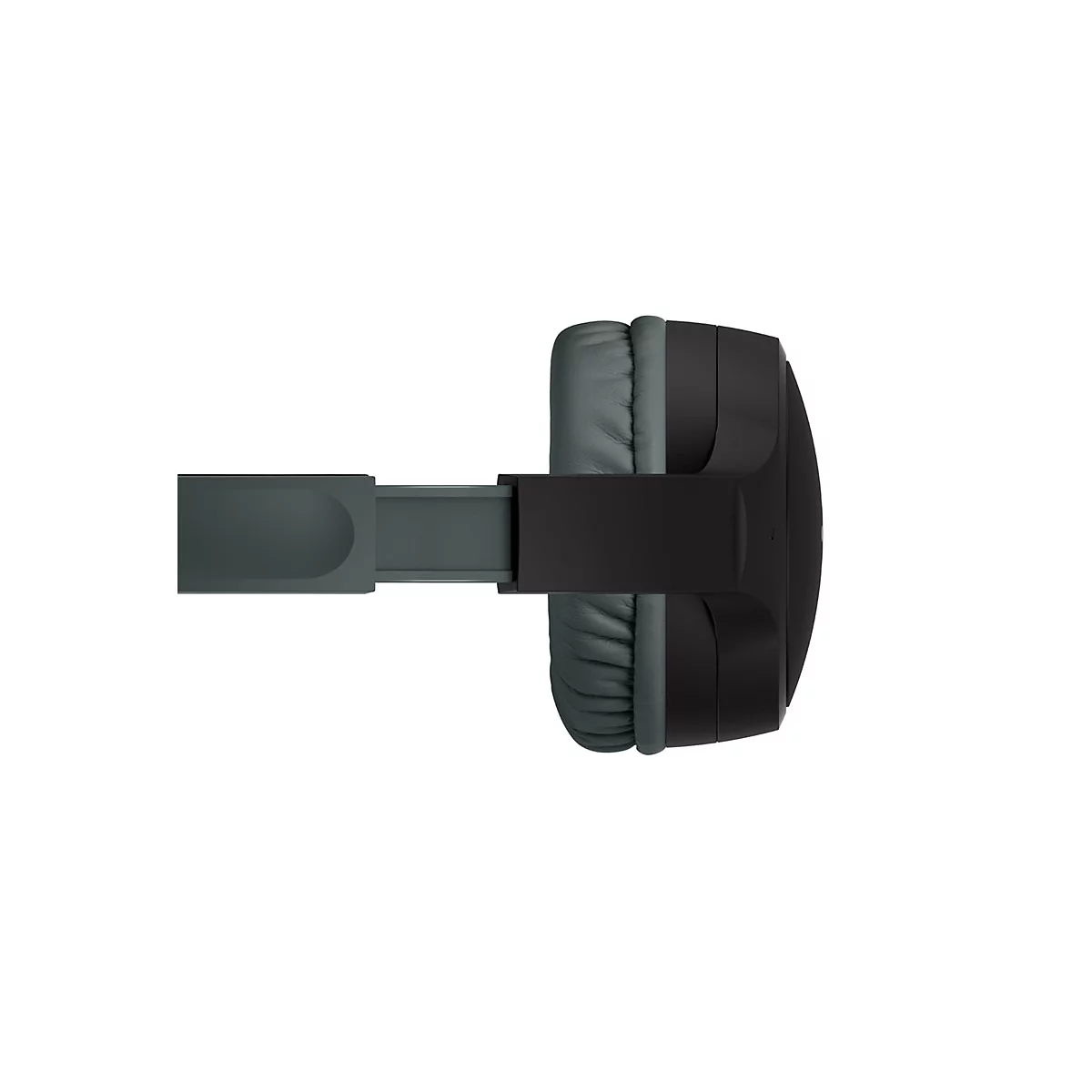 Draufsicht auf einen schwarzen Kopfhörer mit grauen Ohrmuscheln auf weißem Hintergrund.