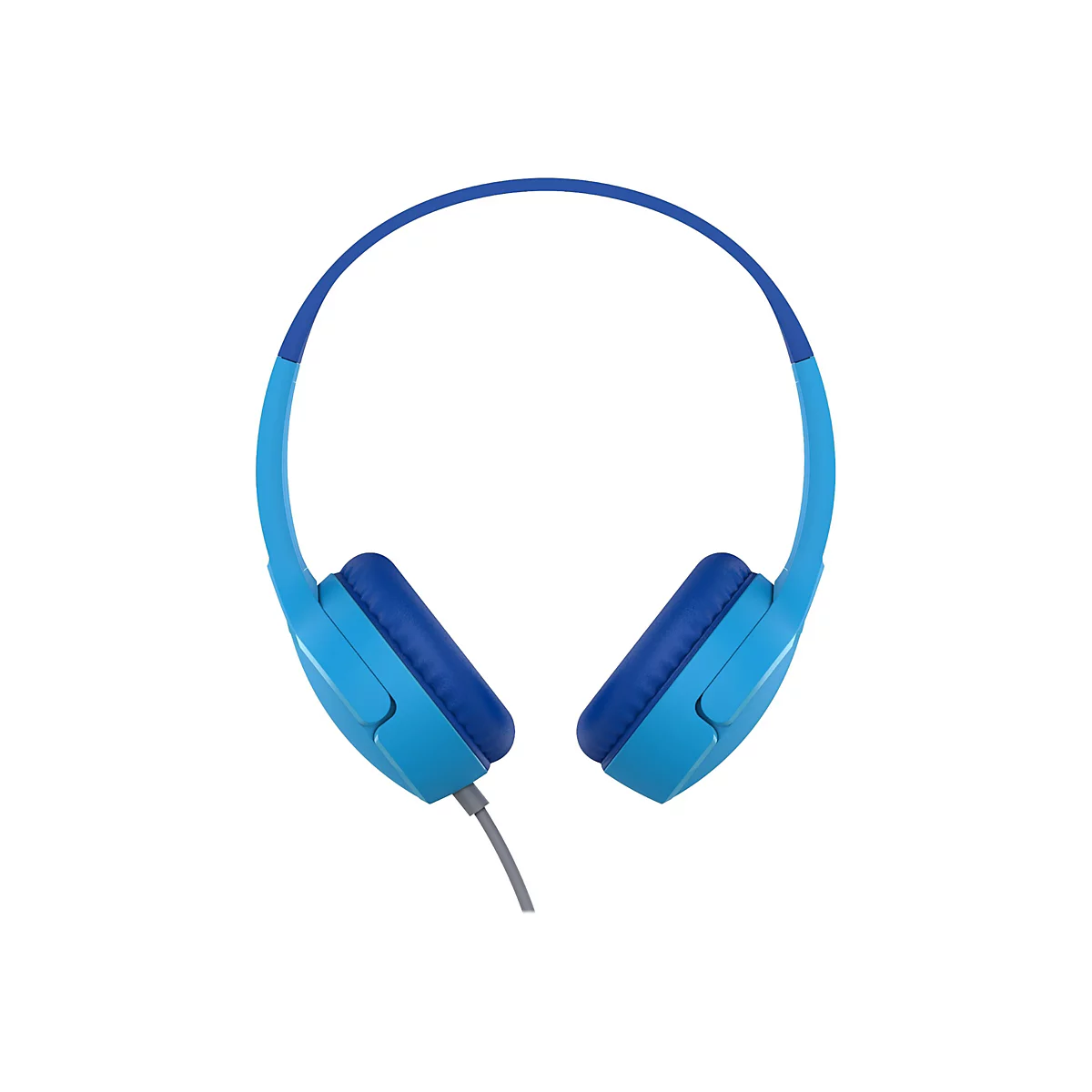 Hellblaue Kopfhörer mit dunkelblauen Ohrpolstern auf weißem Hintergrund. Der Bügel ist ebenfalls blau und ein graues Kabel hängt herunter.