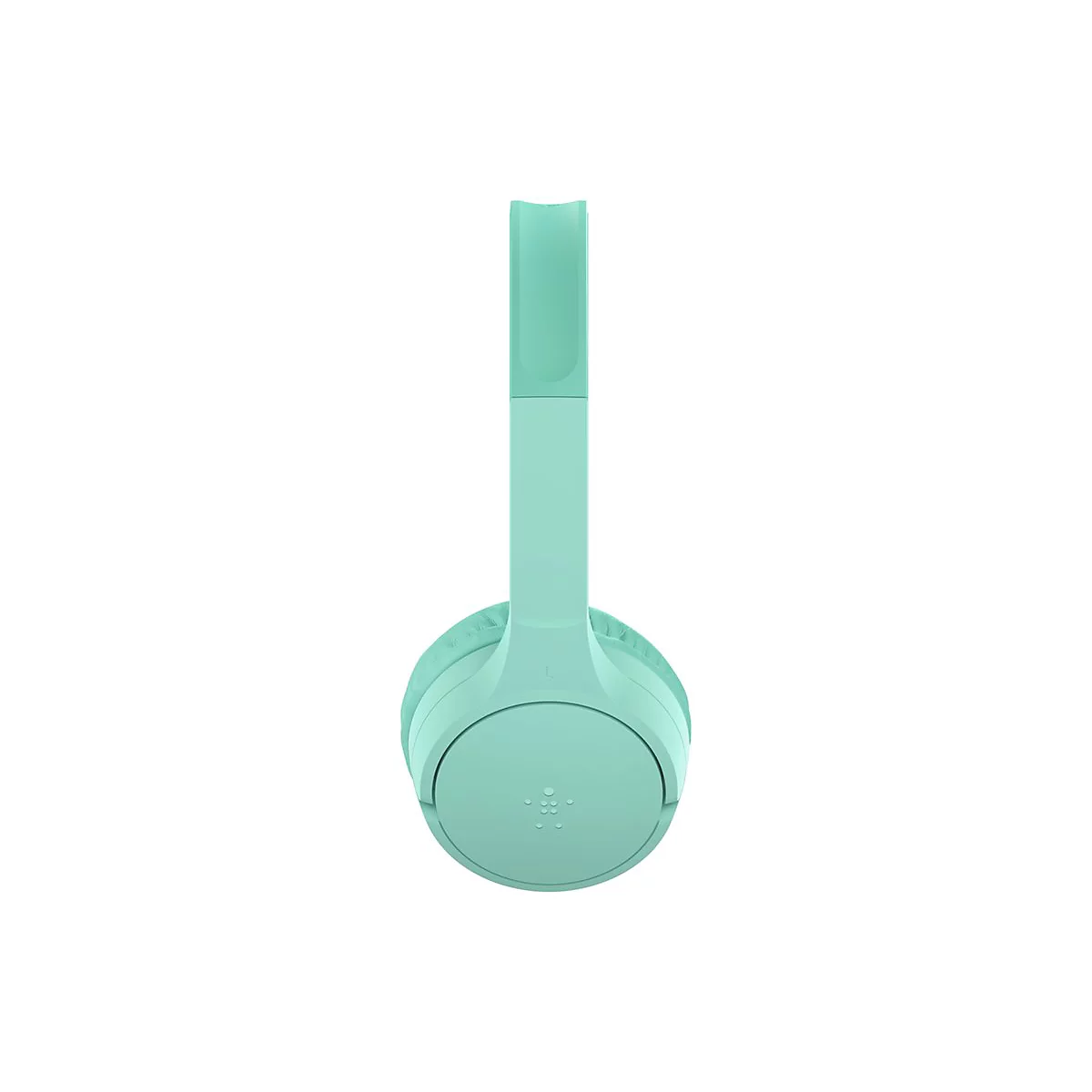 Hellgrüner Kopfhörer, frontal. Bügel und Ohrmuscheln sind erkennbar.