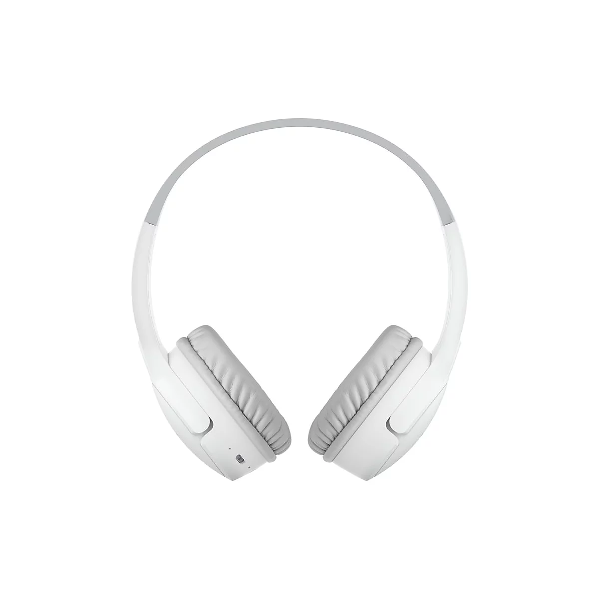 Weiße Kopfhörer, graue Ohrmuscheln und Kopfbügel, auf weißem Hintergrund.