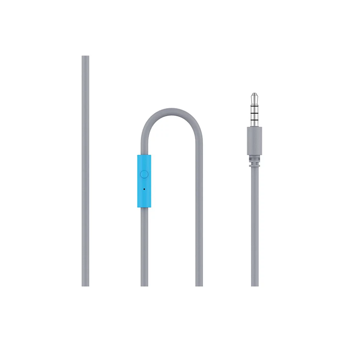Ein graues Kopfhörerkabel mit blauem Bedienfeld und Klinkenstecker auf weißem Hintergrund.