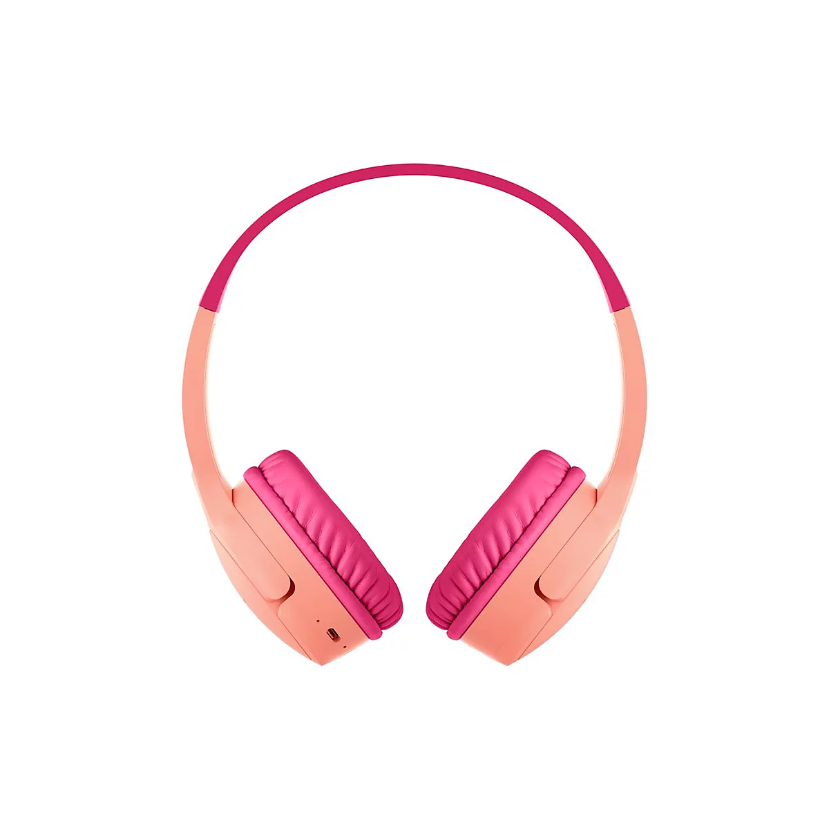 Hellorangefarbene Kopfhörer mit pinkfarbenen Ohrmuscheln und Kopfbügel auf weißem Hintergrund.