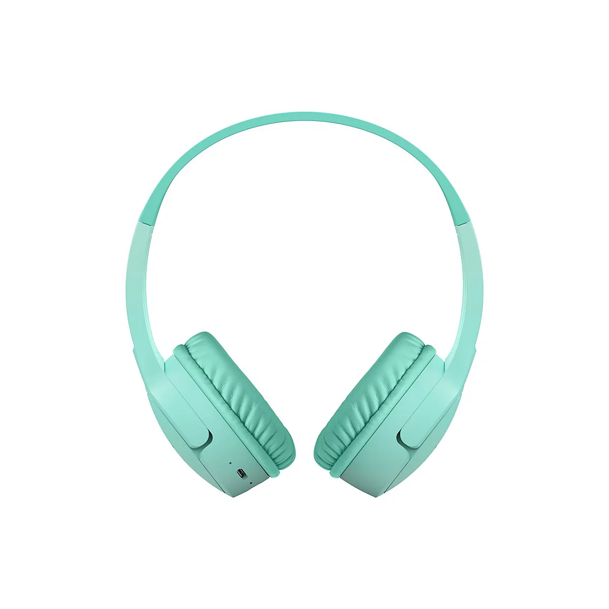 Hellgrüner Kopfhörer, frontal. Ohrmuscheln mit Steppung, Bügel leicht gebogen. Hintergrund weiß.