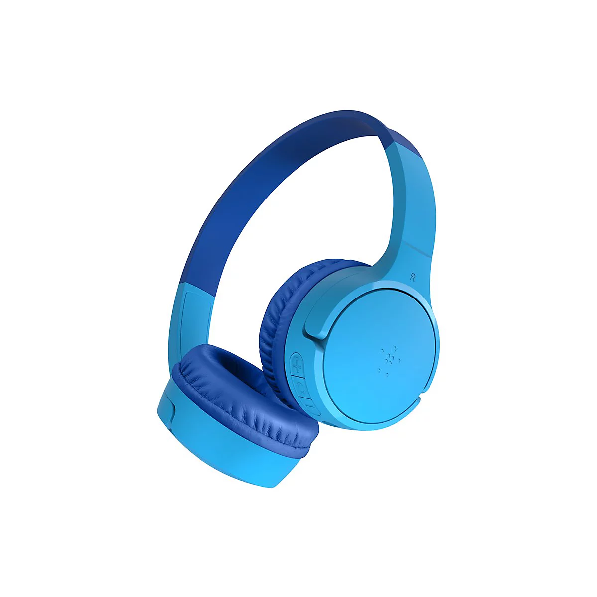 Hellblaues Over-Ear-Headset, das auf weißem Hintergrund schwebt. Das Headset hat dunkelblaue Akzente und die Buchstaben „R“ und einen Markenlogo-Punkt auf der Seite.