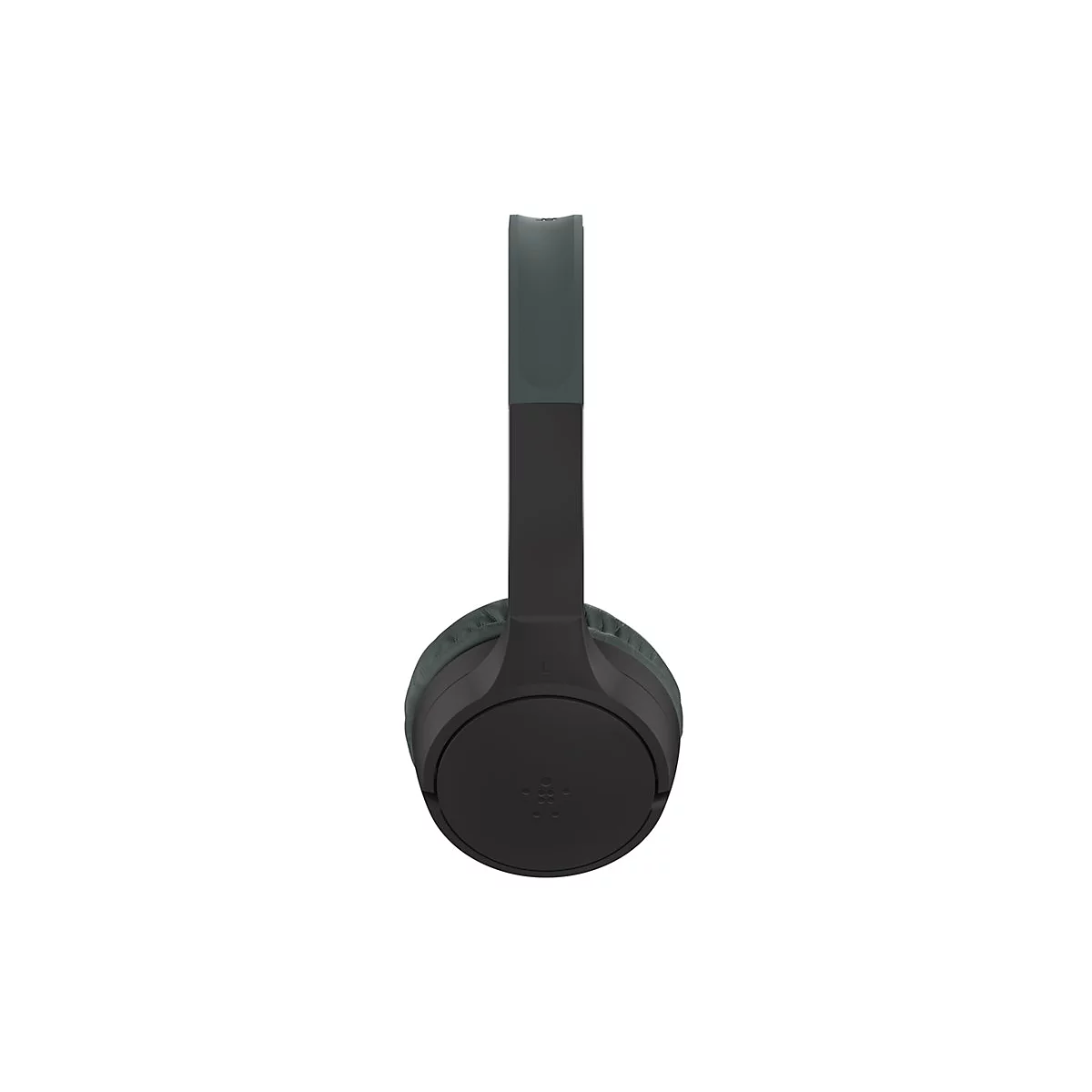 Casque gris foncé de face, sur fond blanc. Logo Belkin.