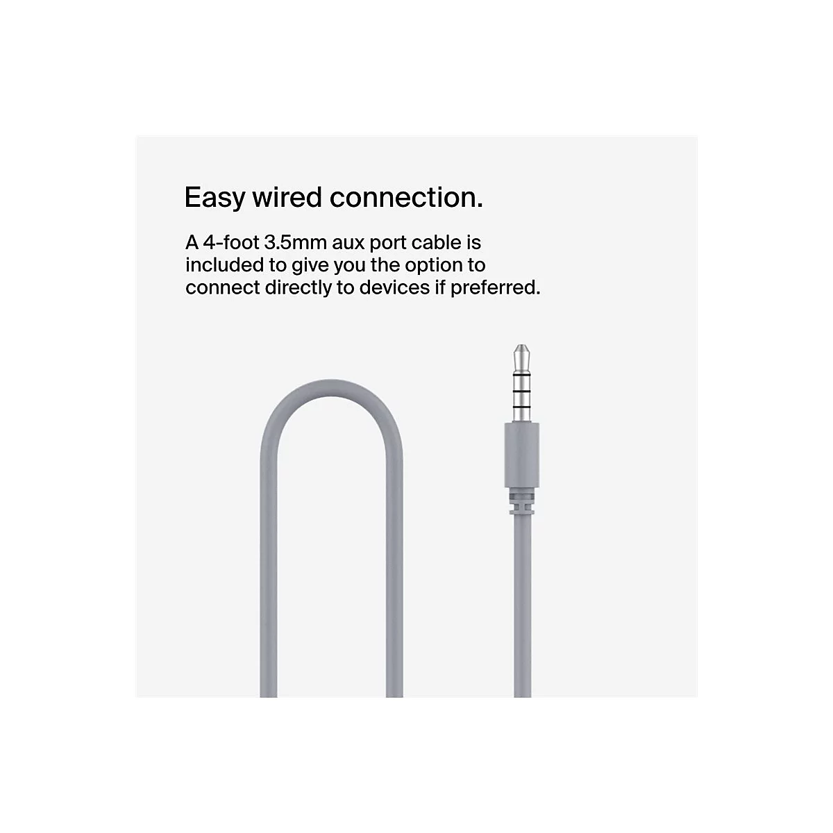Graues Audiokabel mit 3,5mm Klinkenstecker, Text: "Einfache kabelgebundene Verbindung."