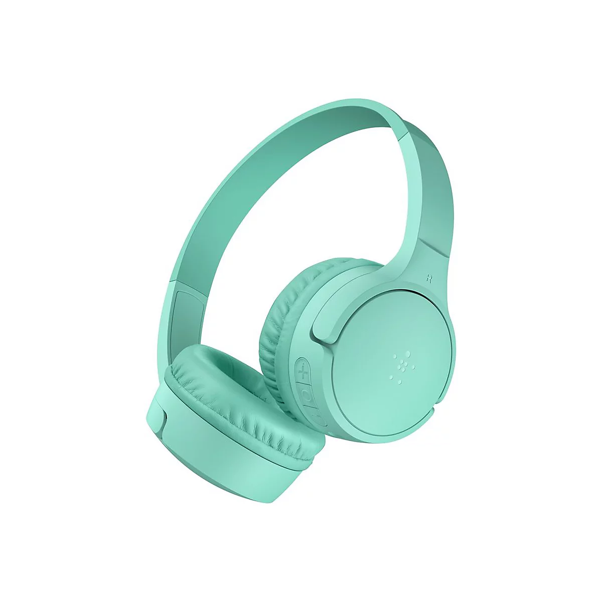 Casque turquoise, vue en perspective sur fond blanc. Oreillettes et bandeau rembourrés.