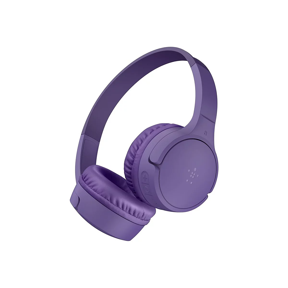 Casque violet, vue latérale, oreillettes et serre-tête visibles.