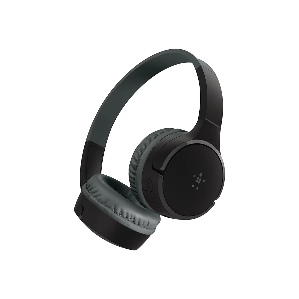 Vue de dessus d'un casque noir avec un support et des coussinets d'oreille gris sur fond blanc. Sur une oreillette se trouvent des boutons et un logo Belkin.