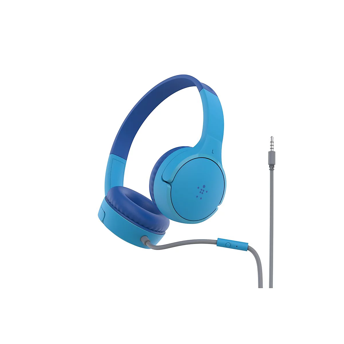 Blaues Kopfhörer mit grauem Kabel. Das Kabel endet in einem 3,5mm-Klinkenstecker. Der Kopfhörer hat die Aufschrift "L".