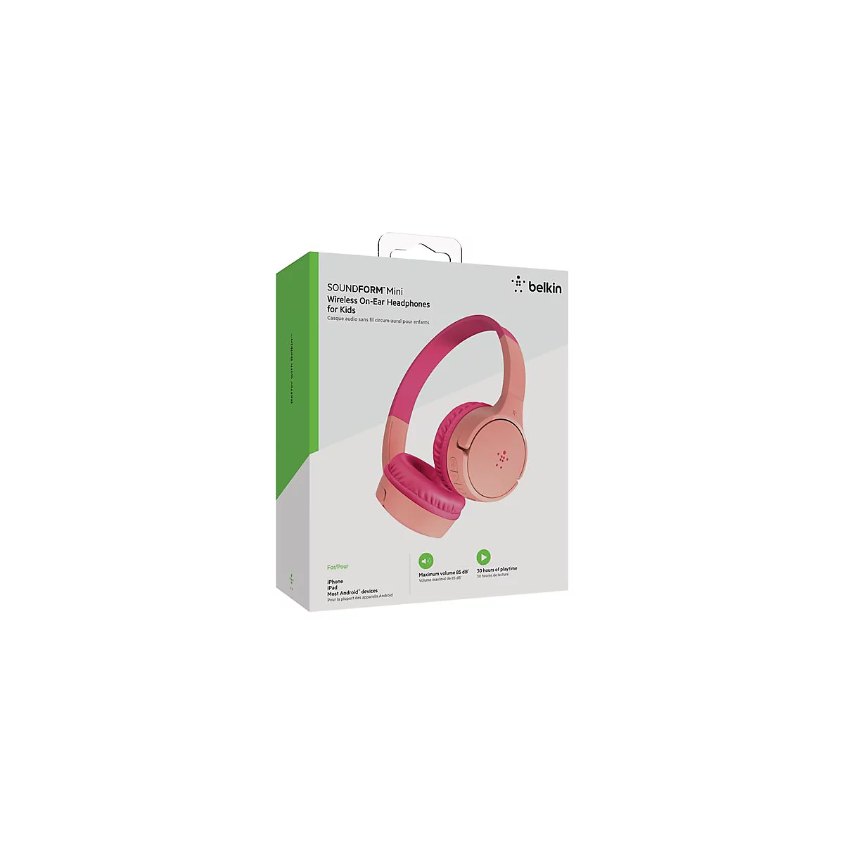 Rosa KopfhÃ¶rer in der Verpackung. Aufdruck: SOUNDFORM Mini, Wireless On-Ear Headphones for Kids.