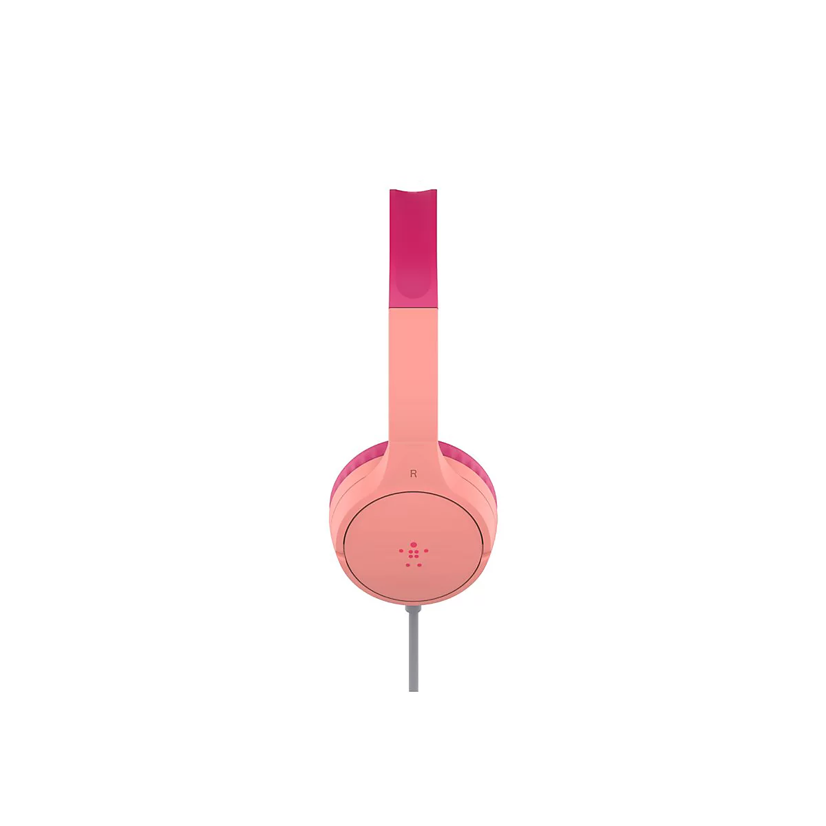 Rosa Kopfhörer mit pinkfarbenem Bügel und grauem Kabel vor weißem Hintergrund.