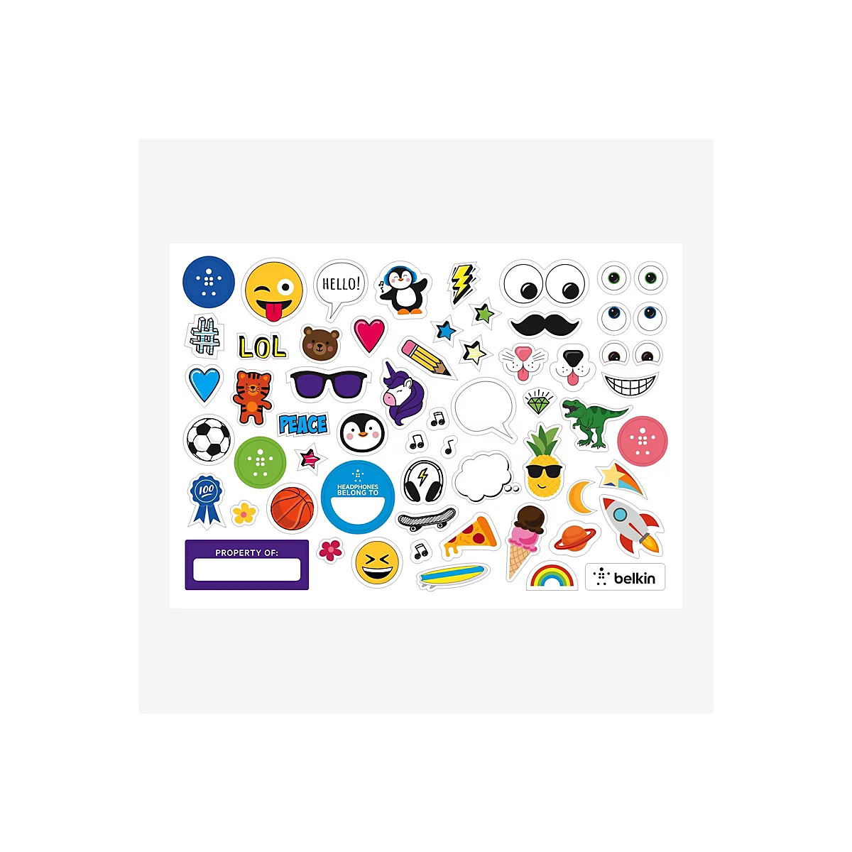 Eine bunte Ansammlung von Aufklebern mit verschiedenen Designs, darunter Emojis, Tiere und Symbole.