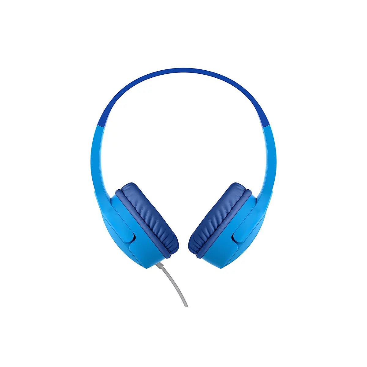 Un casque bleu clair avec un serre-tête bleu et des écouteurs rembourrés. Un câble gris en sort.