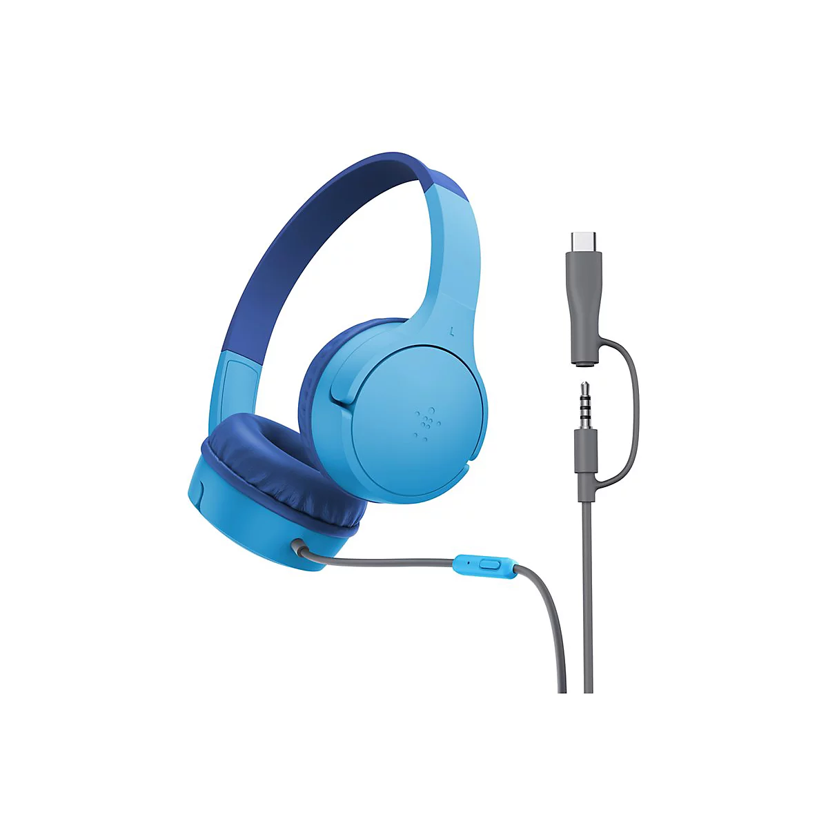 Casque bleu clair avec coussinets d'oreille bleu foncé. À côté, un câble gris avec une prise jack et une prise USB-C. Sur fond blanc.
