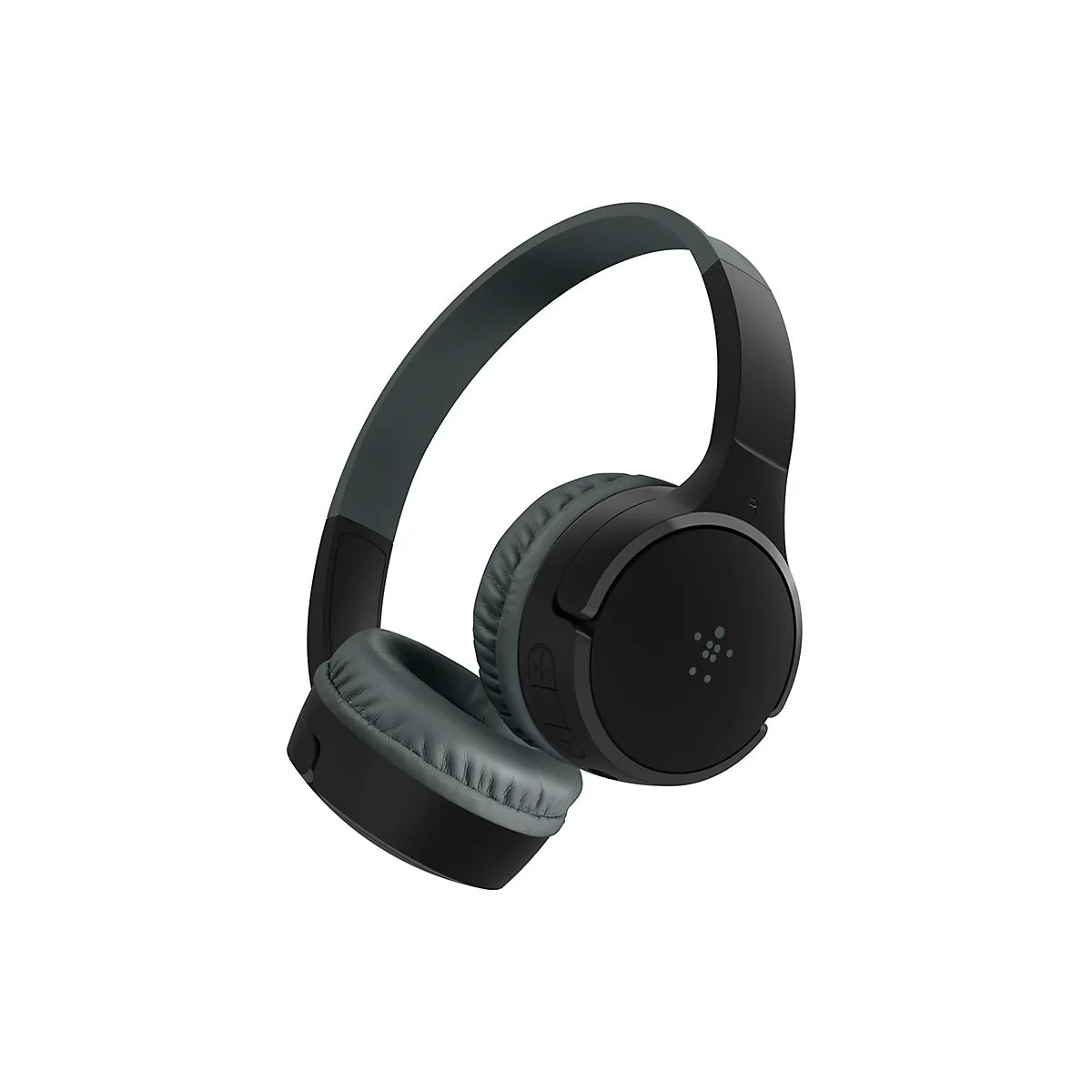 Casque noir avec coussinets et bandeau gris sur fond blanc.