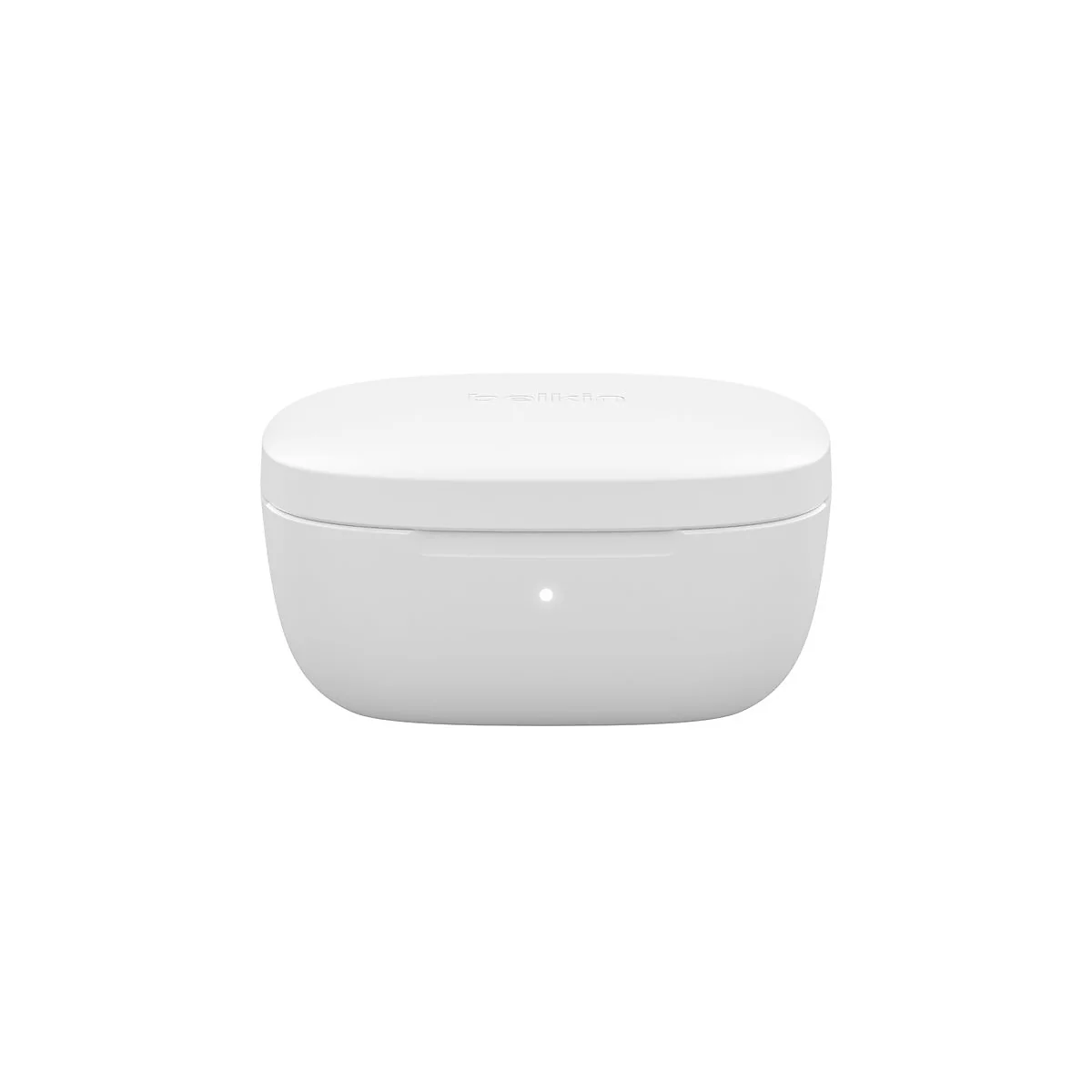 Boîtier de chargement blanc pour écouteurs sans fil, logo Belkin sur le dessus.