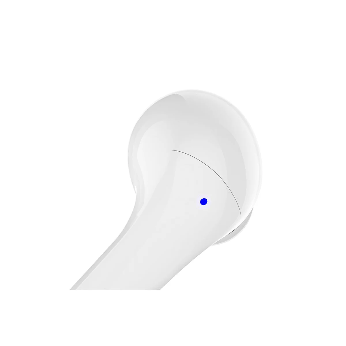Un écouteur sans fil blanc avec un point bleu brillant sur fond blanc.