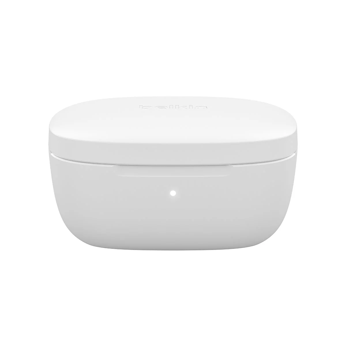 Weißes Ladecase für kabellose Ohrhörer, Belkin Logo. Ein kleines Licht vorne.