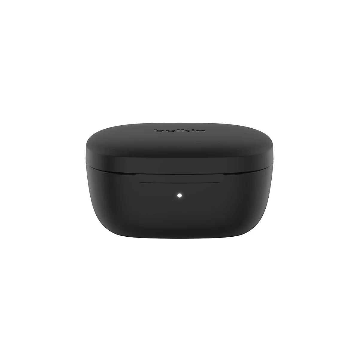 Schwarzes Ladecase für kabellose Ohrhörer, mit Belkin-Logo auf dem Deckel und LED-Anzeige.