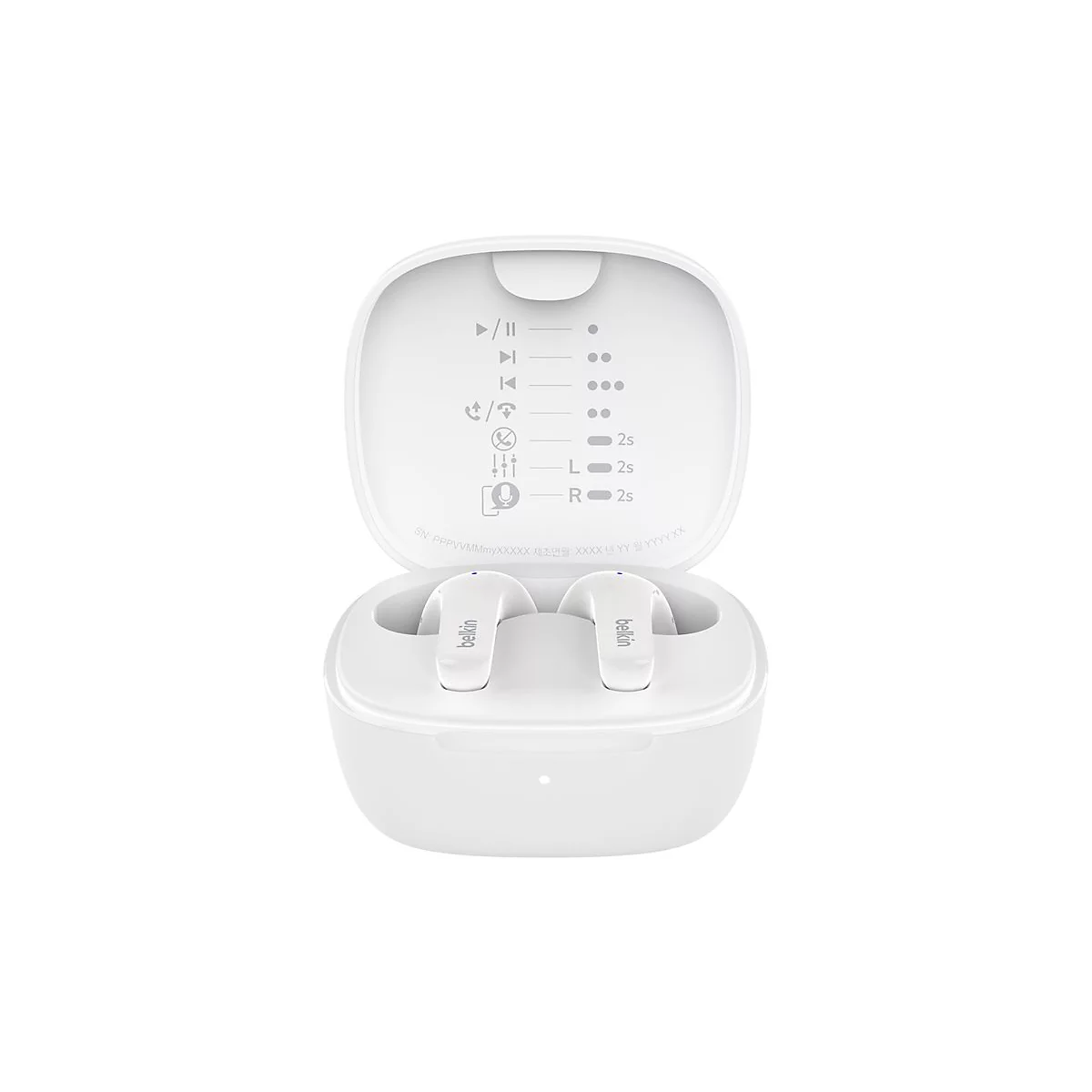 Étui de chargement blanc pour écouteurs sans fil, ouvert. À l'intérieur du boîtier se trouvent deux écouteurs et des symboles pour les fonctions.