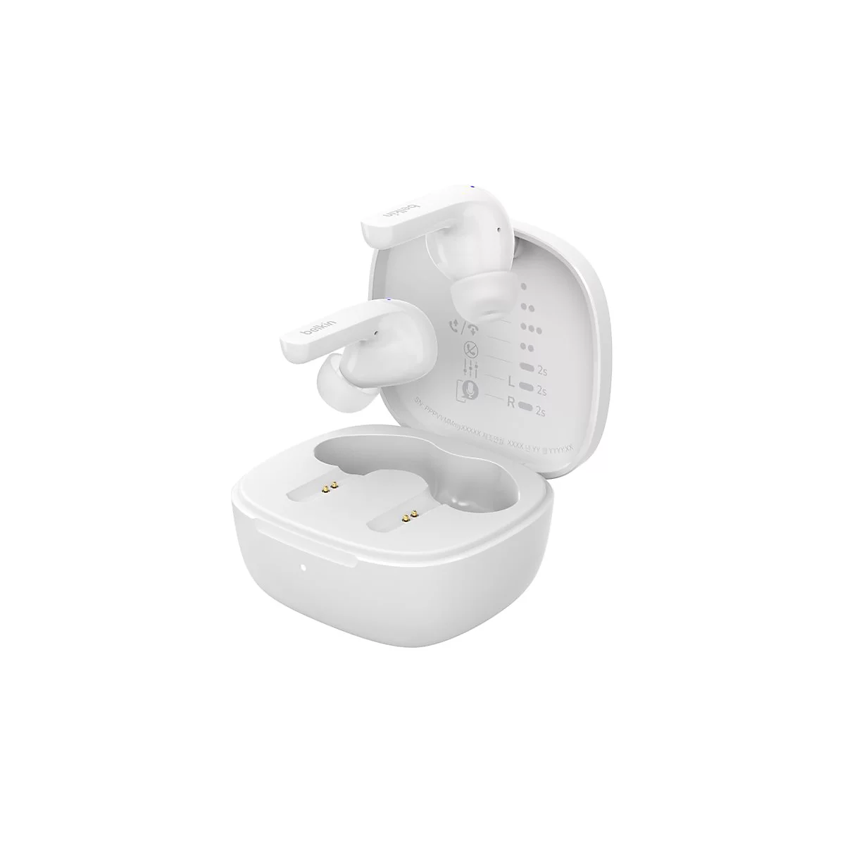 Écouteurs Belkin blancs dans un étui de chargement ouvert. Un écouteur est retiré, l'autre dans l'étui.