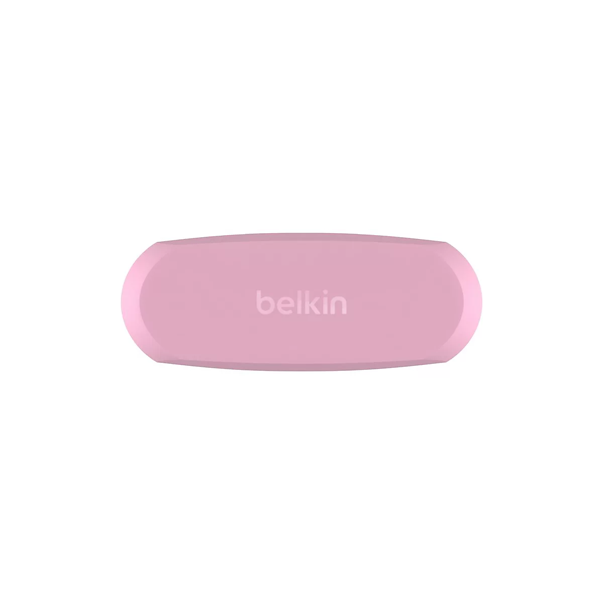 Forme oblongue rose clair avec coins arrondis, logo belkin centré.