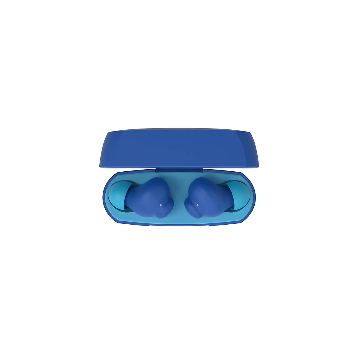 Étui de chargement bleu ouvert avec deux écouteurs bleus. Intérieur bleu clair.