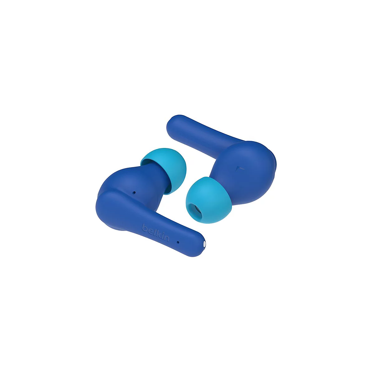 Écouteurs sans fil bleus, logo Belkin, embouts bleus et turquoise.