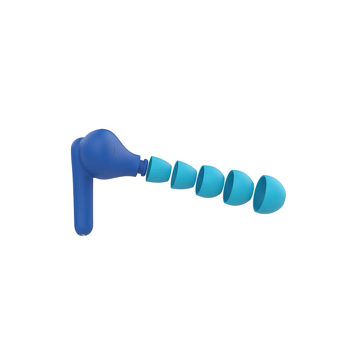 Ensemble d'écouteurs bleus avec des embouts d'oreille turquoise amovibles, affiché sur un fond blanc.