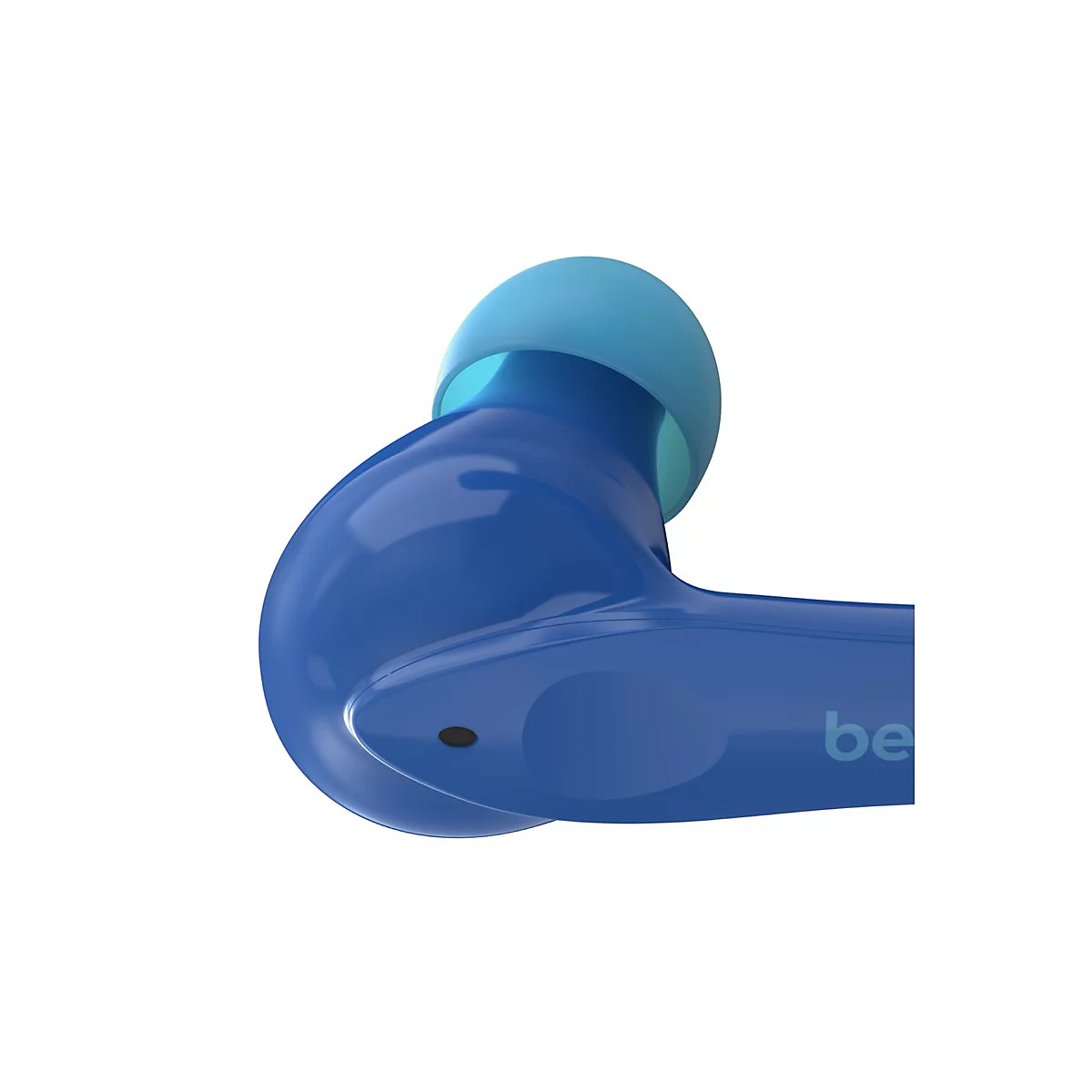 Blauer In-Ear-Kopfhörer mit helblauer Spitze. Auf der Seite steht "be".