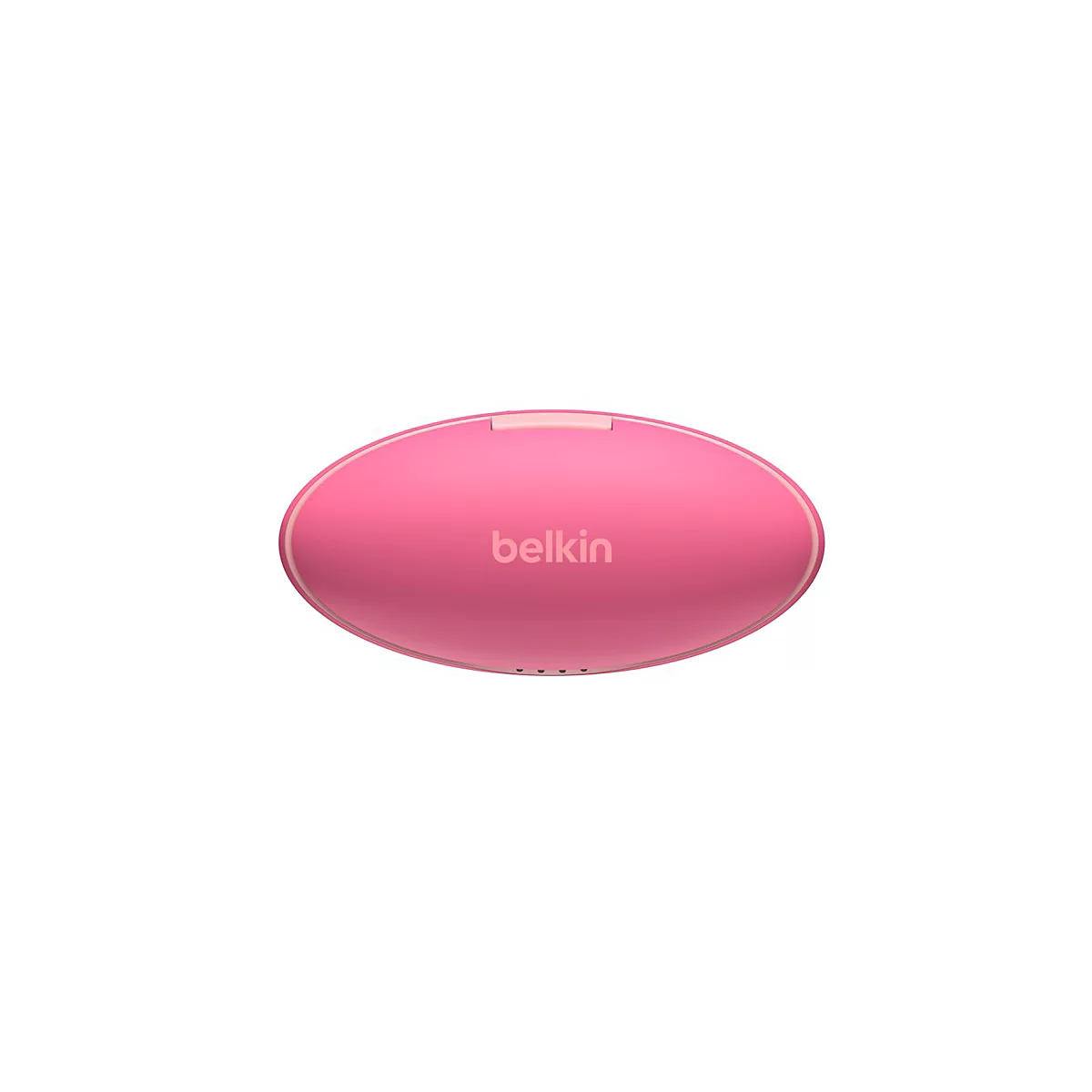 Rosafarbenes Belkin-Ladecase für Kopfhörer, oval mit Schriftzug.